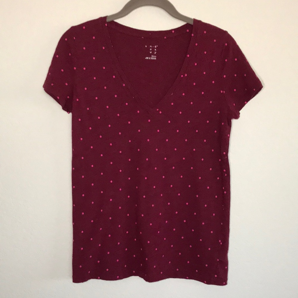 Raspberry Polka Dot V Neck Tee